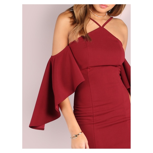 LAST ONE! Burgundy Red Bell Sleeve Bodycon Dress - Picture 2 of 5
